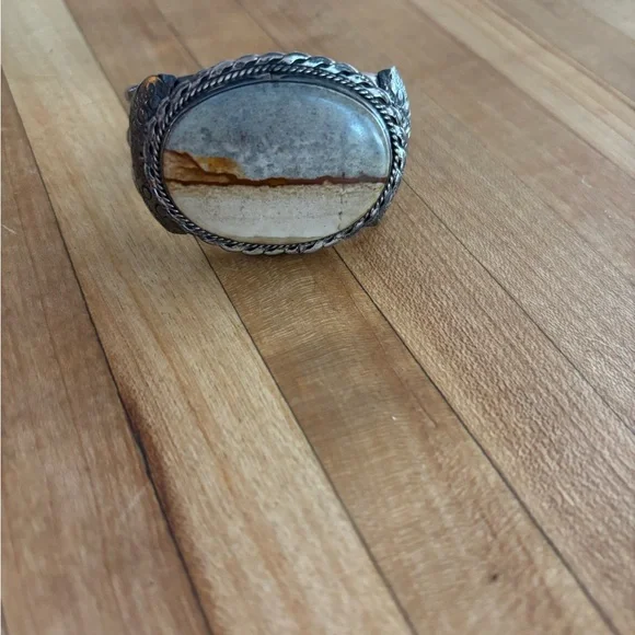 Vintage Sterling Silver Picture Jasper Large Stone Landscape Rope Cuff Bracelet - Picture 2 of 8